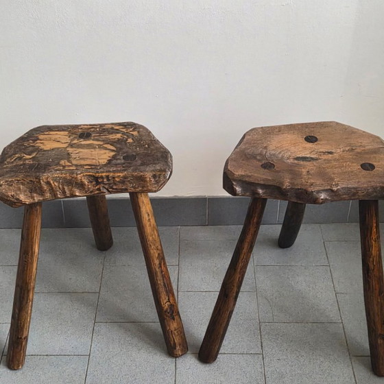 Image 1 of Pair of Vintage Brutalist Tripod Stools 1970s in Oak 70s DLG Marolles