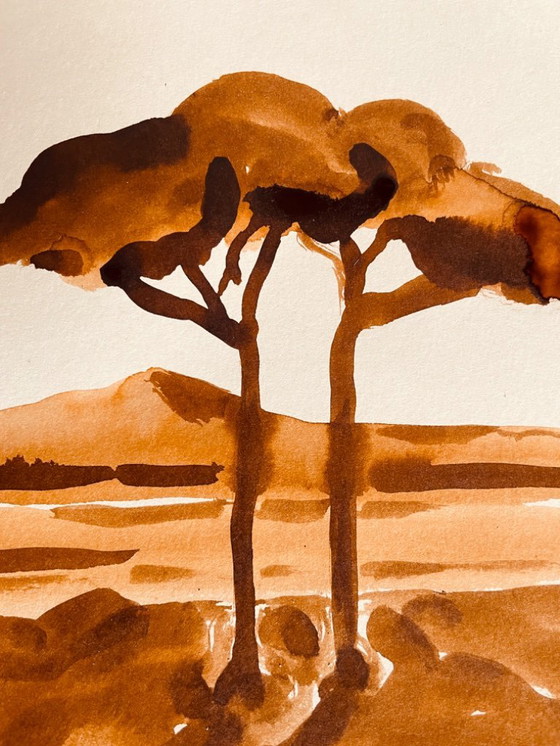 Image 1 of Monochrome watercolor signed in tobacco color, "umbrella pines on Mount Ventoux"