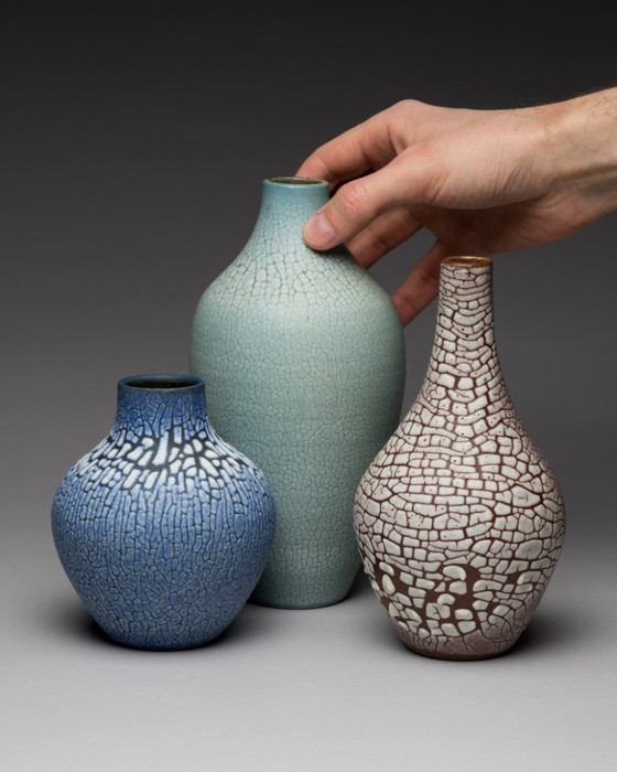Image 1 of ALBERT KIESSLING "SNAKESKIN" Vase TRIO East German Pottery REDUKTIONSGLASUR GDR