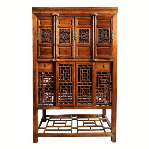 Mueble / Armario “Gabinete de erudito”, madera de olmo, trabajo de celosía, Dinastía Qing, s. XIX – China