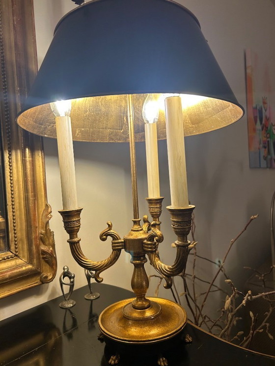Image 1 of Louis XV Bouilotte Tischlampe Rive Gauche Empel Kollektionen schwarzer Schirm und Blattgoldpatina