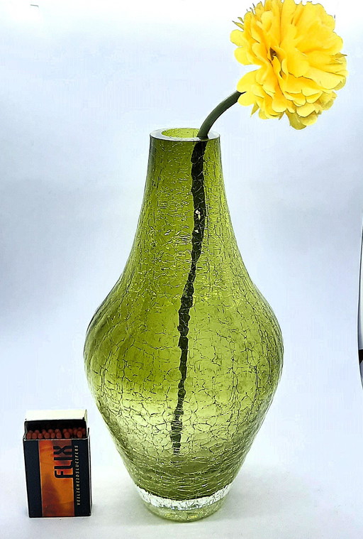 Vintage 1970 Craquelé Green Crystal Glass Vase Ingid Hutte Germany