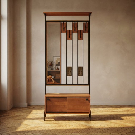 Vintage Mid-Century Modern Hallway Coat Rack with Mirror by Alfred Hendrickx for Belform, Belgium, 190 × 80 × 30 cm