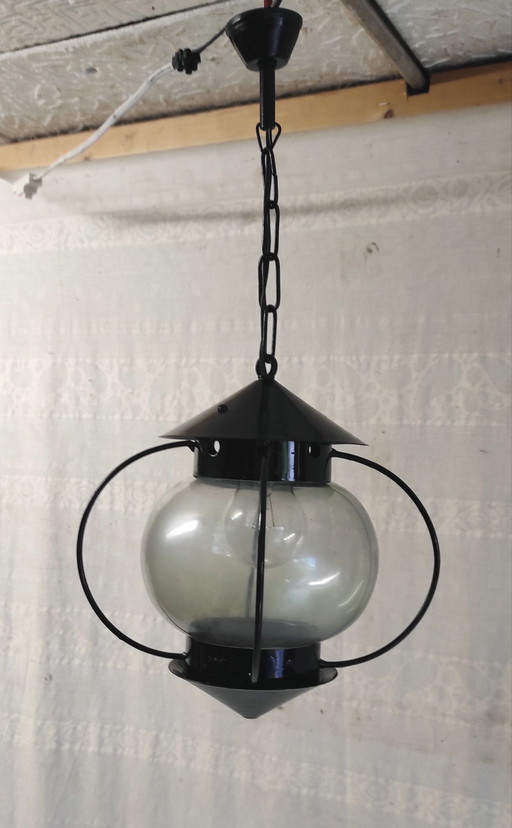 Lantern-style pendant light in metal and glass - 1950s