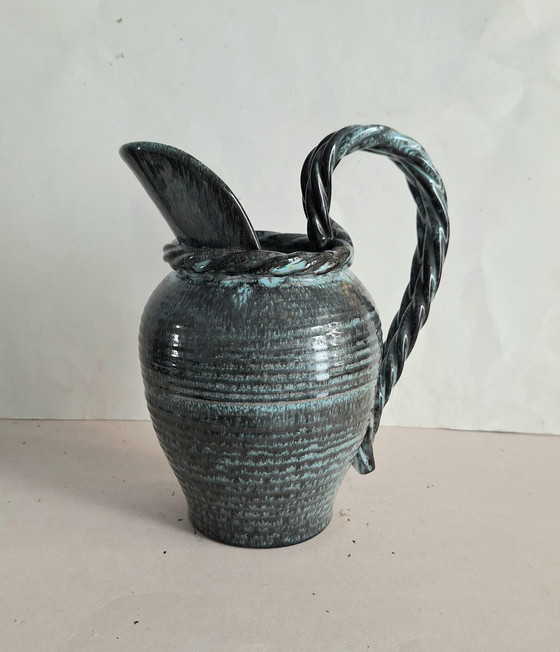 Image 1 of Alexandre de Wemmel ceramics, Heffen, Belgium. Green handmade jug with a twisted handle, 1950s.