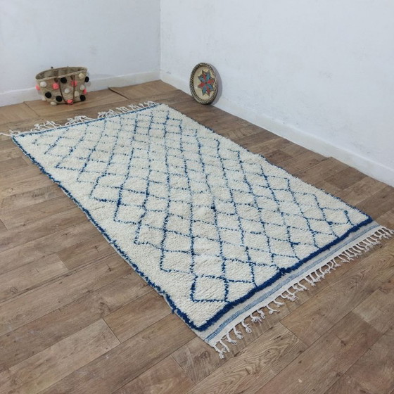 Image 1 of Modern Handmade Berber Rug – Handmade Berber Carpet | Cream Wool Moroccan Rug with Blue Geometric Patterns