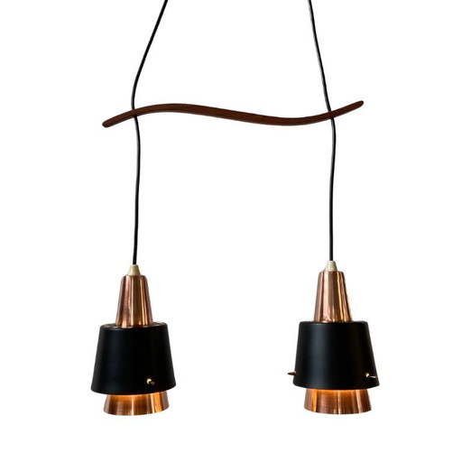 Danish vintage double pendant lamp with teak – in the style of Bent Karlby