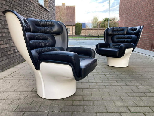 2x Joe Colombo Elda Chair Black leather, White fiberglass