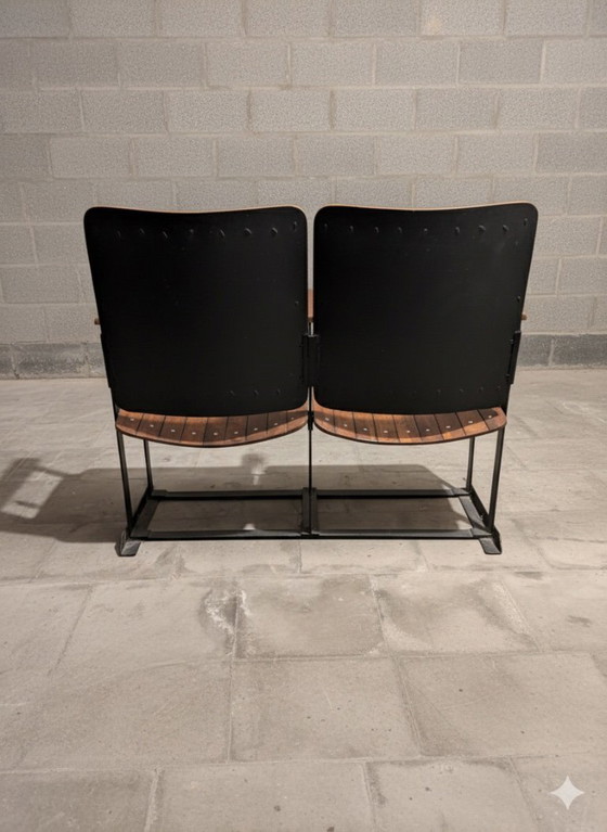 Image 1 of Banquette Vintage Chaise Double / Pair Of Wooden Joined & Fixed Theatre / Cinema Seats On Black Metal Frame
