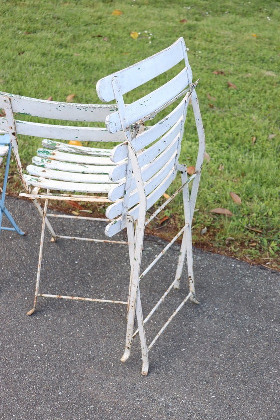 Image 1 of Set of 8 French Bistro Garden Folding Chairs in Iron and Wood Slats