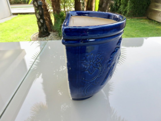 Image 1 of Wall-mounted flower pot with grape motif in glazed blue ceramic, 1970s