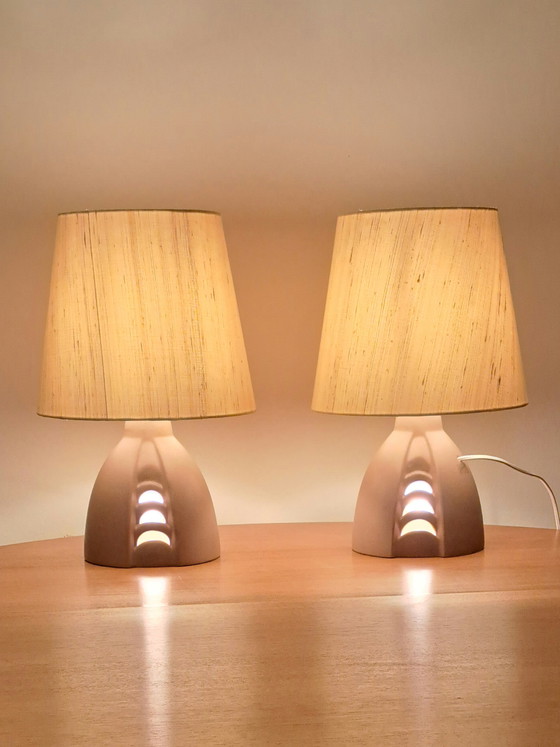Image 1 of 🟡 2 Ceramic Table Lamps by Lichtamik – Mid-Century Inspired – Set