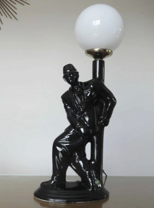 Large Black Ceramic and White Opaline Ball Lamp "Homme Au Lampadaire