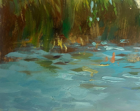 Image 1 of Peinture à l'huile originale représentant un paysage côtier fluvial, avec des pêcheurs parmi les roseaux.