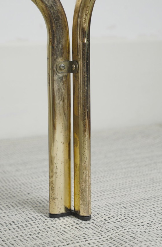 Image 1 of Messing-goudkleurige chromen glazen bijzettafel, vintage mid-century modern accenttafel, nachtkastje, jaren 70
