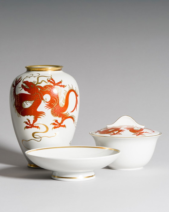 Image 1 of Heinz Schaubach Kunst Vaso di porcellana Ciotola Coperchio-Box Set Dragon Art Déco Jugendstil