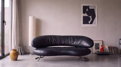 Vintage-Ledersofa im Stil der 1980er Jahre – Schwarz, Chromgestell – 2 zitsbanken, Leather (photo 2 of 6)