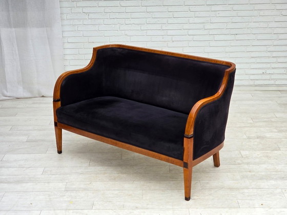 Image 1 of 1950s, Danish art deco 2-seater sofa, ash wood, furniture velour.