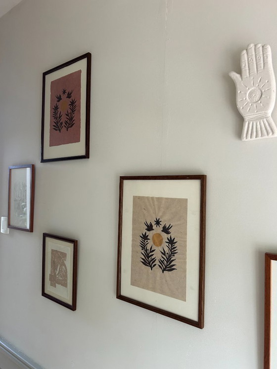 Image 1 of Handmade Boho Wall Art | Birds & Golden Sun | Botanical Illustration A4