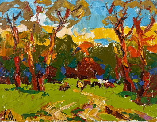 Pintura al óleo original: Paisaje con árboles coloridos, tarde de verano en el bosque.