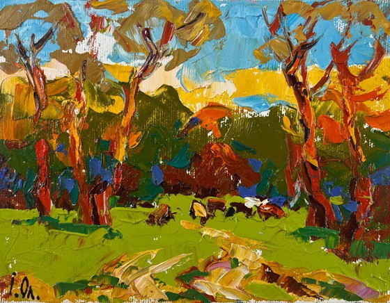 Image 1 of Original Oil Painting Colorful Trees Landscape Summer evening in the forest