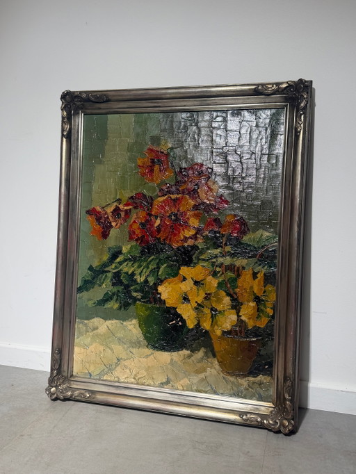Antique Oil on Canvas - Flowers - Signed – schilderijen tekeningen (photo 2 of 8)
