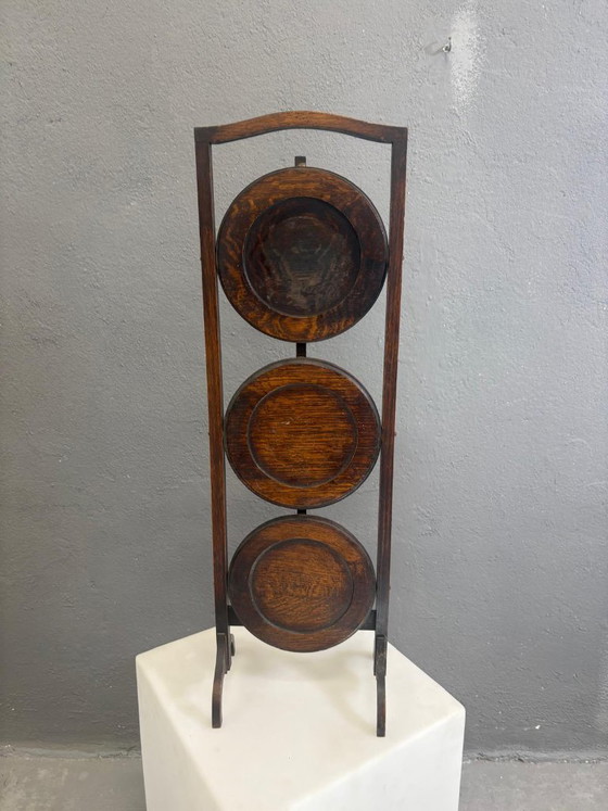 Image 1 of Vintage 3-Tier Cake Stand Dark Wood Serving Stand 1920s Europe