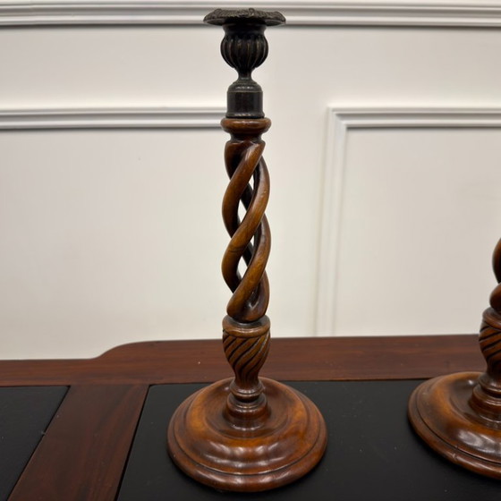 Antique English Barley Twist Candle holders – Wood, Brass (photo 3 of 5)