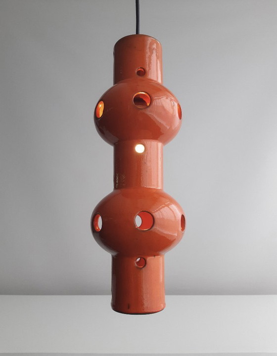 Image 1 of Suspension vintage en faïence orange, style « fat lava » d'Allemagne de l'Ouest, lampe suspendue rétro en céramique
