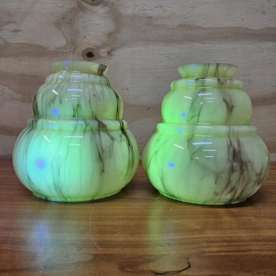 Set (2x) Antieke Art Nouveau Uranium Glas Wandlampen Vis Vorm (Gemarmerde Glas) – Copper (photo 15 of 15)