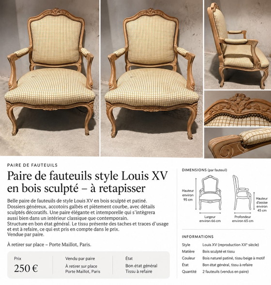 Pair of Louis XV style carved wood armchairs – to be re-upholstered – style Louis XV, Side chairs (photo 2 of 5)