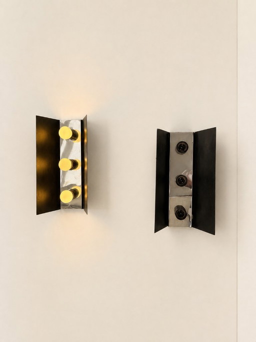Pair of vintage wall sconces, black metal and chrome, France, 1970