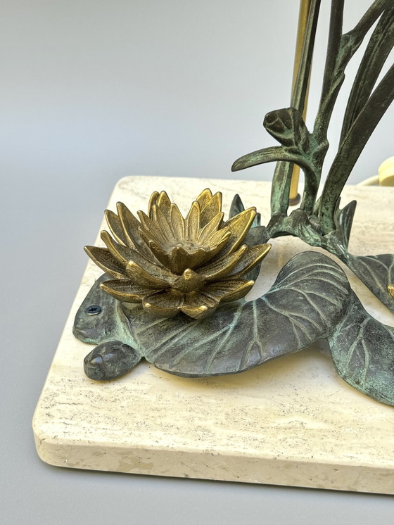 Image 1 of Lámpara de nenúfar de bronce de los años 70 sobre base de travertino - Inspirada en el Art Nouveau