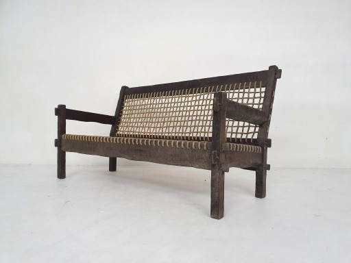 Unique solid oak and rope sofa, The Netherlands 1960's – bankjes, Wood (photo 2 of 11)