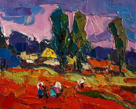 Image 1 of Original Oil Painting Summer Evening Landscape Buckwheat stubble