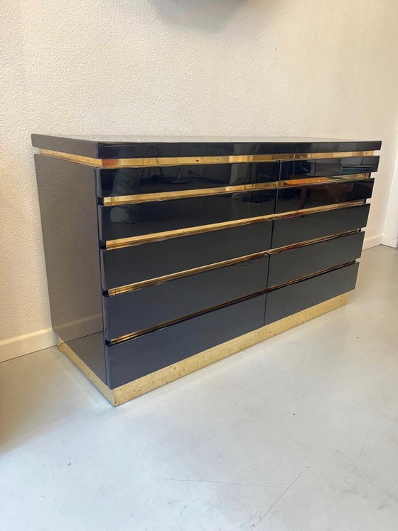 Image 1 of Commode en bois laqué bleu et laiton par Jean Claude Mahey vers 1970