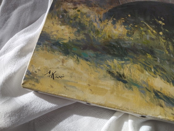 Image 1 of Old brick bridge in Normandy - Signed oil painting