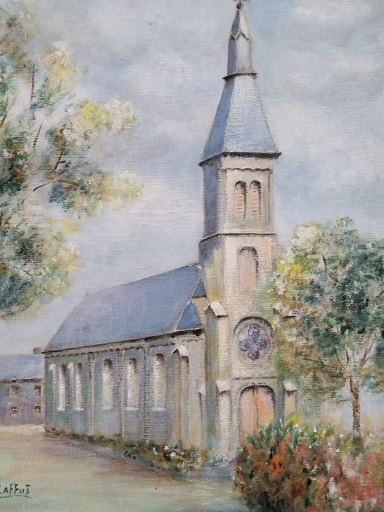 Painting Church Rural Landscape - L. Laffut (Belgian Art), Wood, Canvas, Blue (photo 3 of 11)