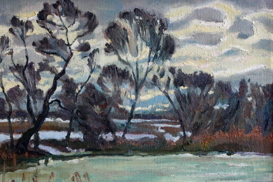Original Oil Painting Nature Landscape Winter River Clouds Thaw – Paintings & Drawings, Canvas (photo 3 of 5)