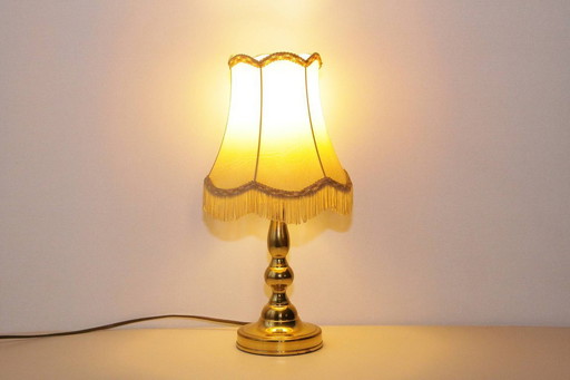 Tischlampe Messing Kunstleder Stoffbordüren Fransen 43cm 80er J Vintage