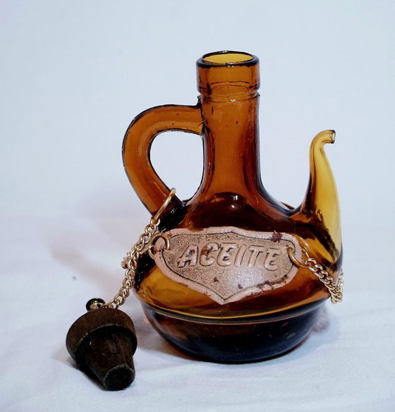 Image 1 of Vintage Amber Glass Spanish "Aceite" Cruet – Mid-Century Mediterranean Style