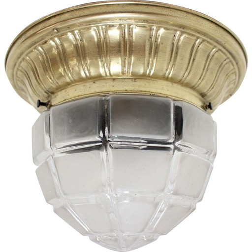 Lampada da soffitto vintage art déco in vetro e ottone, Cecoslovacchia 1930