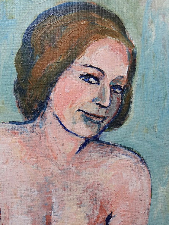 Image 1 of Vintage seated nude portrait painting, modern oil on canvas board
