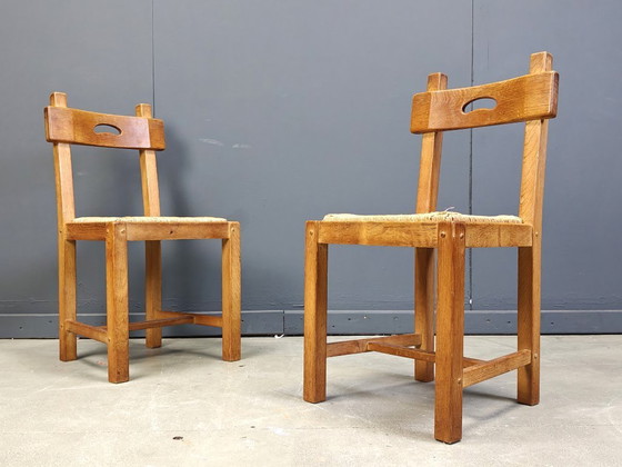 Image 1 of Vintage eiken en rieten brutalistische stoelen, jaren 60 - set van 8