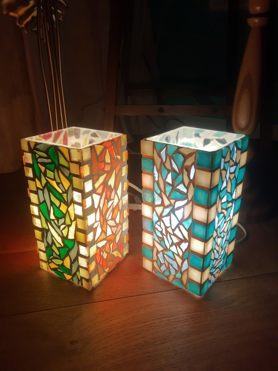 Zeldzame set handgemaakte vintage mozaïek glazen glazen lampen tafellampen vloerlampen in sfeervolle – Retro (photo 15 of 15)