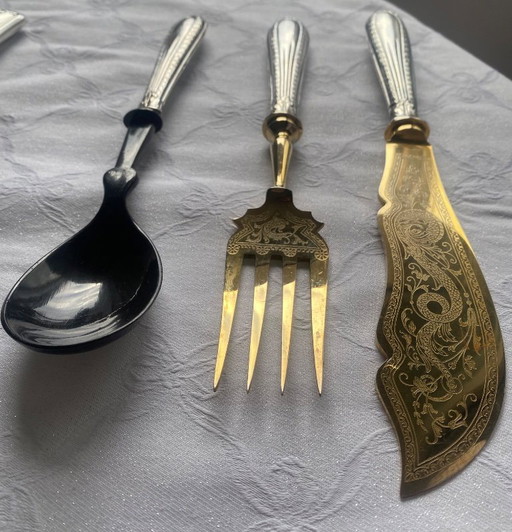 Juego de cubiertos de 8 piezas para servir y fruta – Mangos plateados y diseño vintage