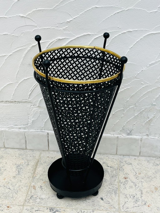 Porte parapluie vintage en métal perforé noir et laiton