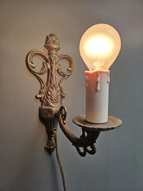 Image 1 of Lampade da parete in stile rococò francese, bronzo con paralumi in pelle
