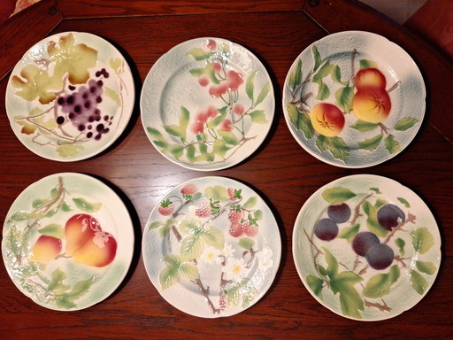 6 platos de postre de mayólica/barbotina St Clément 