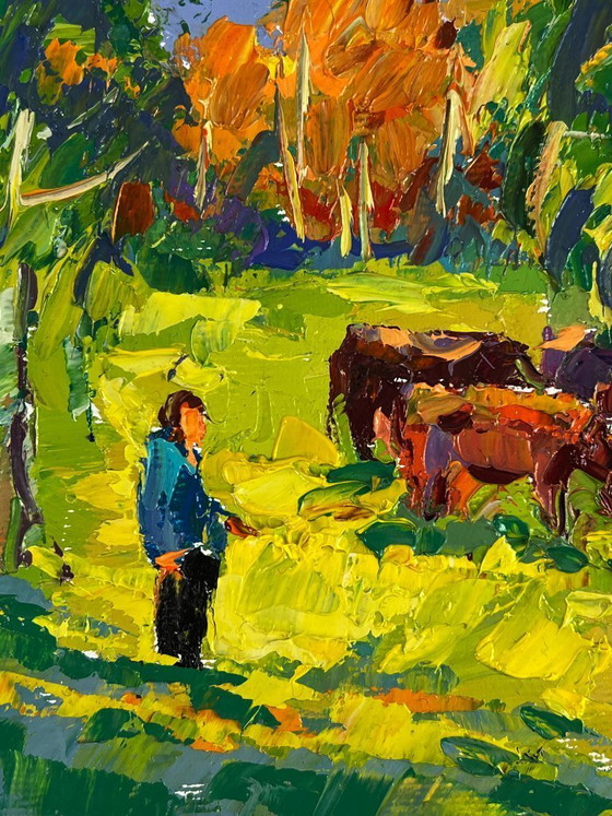 Image 1 of Original Oil Painting Nature Landscape Pasture Autumn Morning in the Meadows
